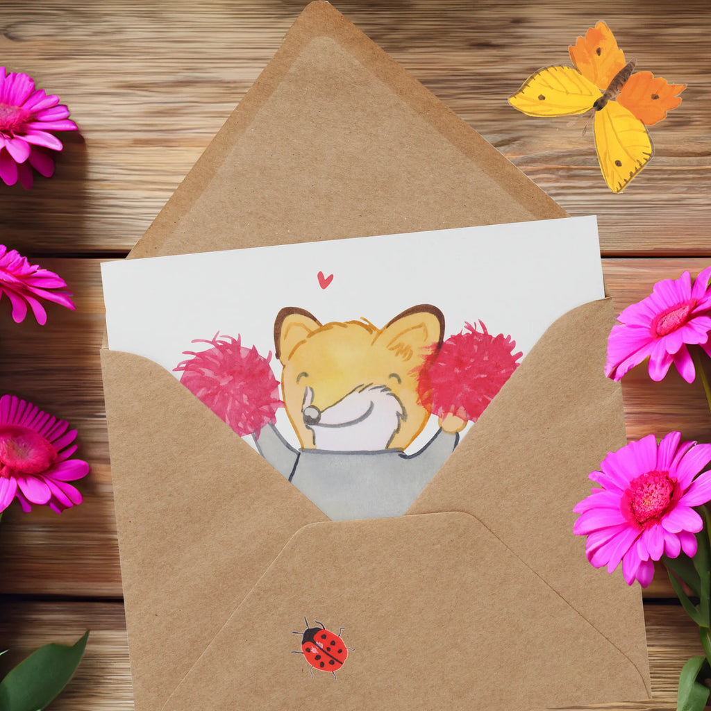 Deluxe Karte Fuchs Cheerleader Grußkarte, Karte, Hochwertige Klappkarte, Einladungskarte, Geburtstagskarte, Klappkarte, Glückwunschkarte, Hochwertige Grußkarte, Hochzeitskarte, Geschenk, Sport, Sportart, Hobby, Schenken, Danke, Dankeschön, Auszeichnung, Gewinn, Sportler, Cheerleader, Cheerleading, Turniere, Turnen, Turn Club