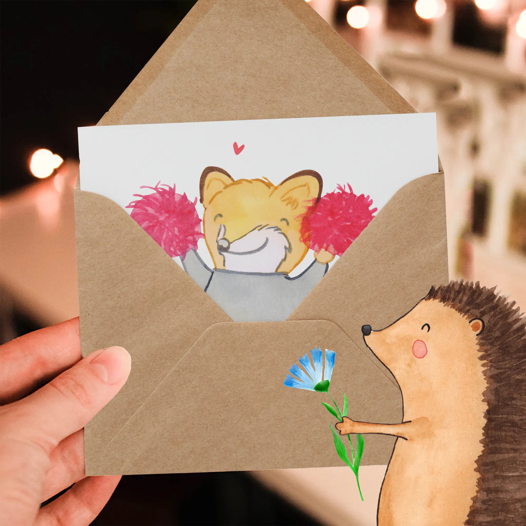 Deluxe Karte Fuchs Cheerleader Grußkarte, Karte, Hochwertige Klappkarte, Einladungskarte, Geburtstagskarte, Klappkarte, Glückwunschkarte, Hochwertige Grußkarte, Hochzeitskarte, Geschenk, Sport, Sportart, Hobby, Schenken, Danke, Dankeschön, Auszeichnung, Gewinn, Sportler, Cheerleader, Cheerleading, Turniere, Turnen, Turn Club