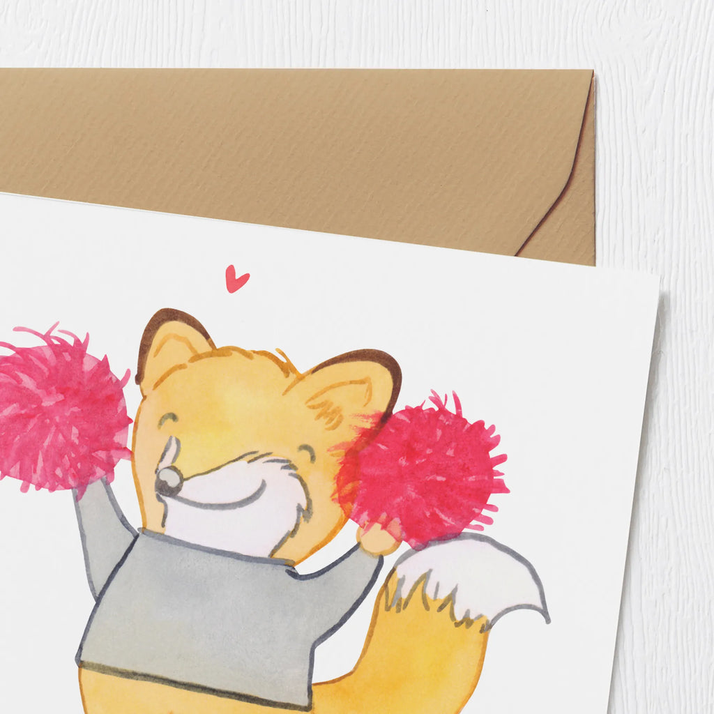 Deluxe Karte Fuchs Cheerleader Grußkarte, Karte, Hochwertige Klappkarte, Einladungskarte, Geburtstagskarte, Klappkarte, Glückwunschkarte, Hochwertige Grußkarte, Hochzeitskarte, Geschenk, Sport, Sportart, Hobby, Schenken, Danke, Dankeschön, Auszeichnung, Gewinn, Sportler, Cheerleader, Cheerleading, Turniere, Turnen, Turn Club
