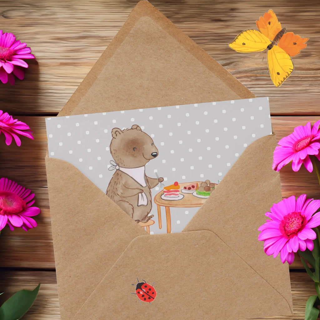 Deluxe Card bear to eat out Klappkarte, Karte, Grußkarte, Hochwertige Klappkarte, Hochzeitskarte, Glückwunschkarte, Einladungskarte, Hochwertige Grußkarte, Geburtstagskarte, Geschenk, Sport, Sportart, Hobby, Schenken, Danke, Dankeschön, Auszeichnung, Gewinn, Sportler, Essen, Essen gehen, Restaurantbesuch, Restaurant