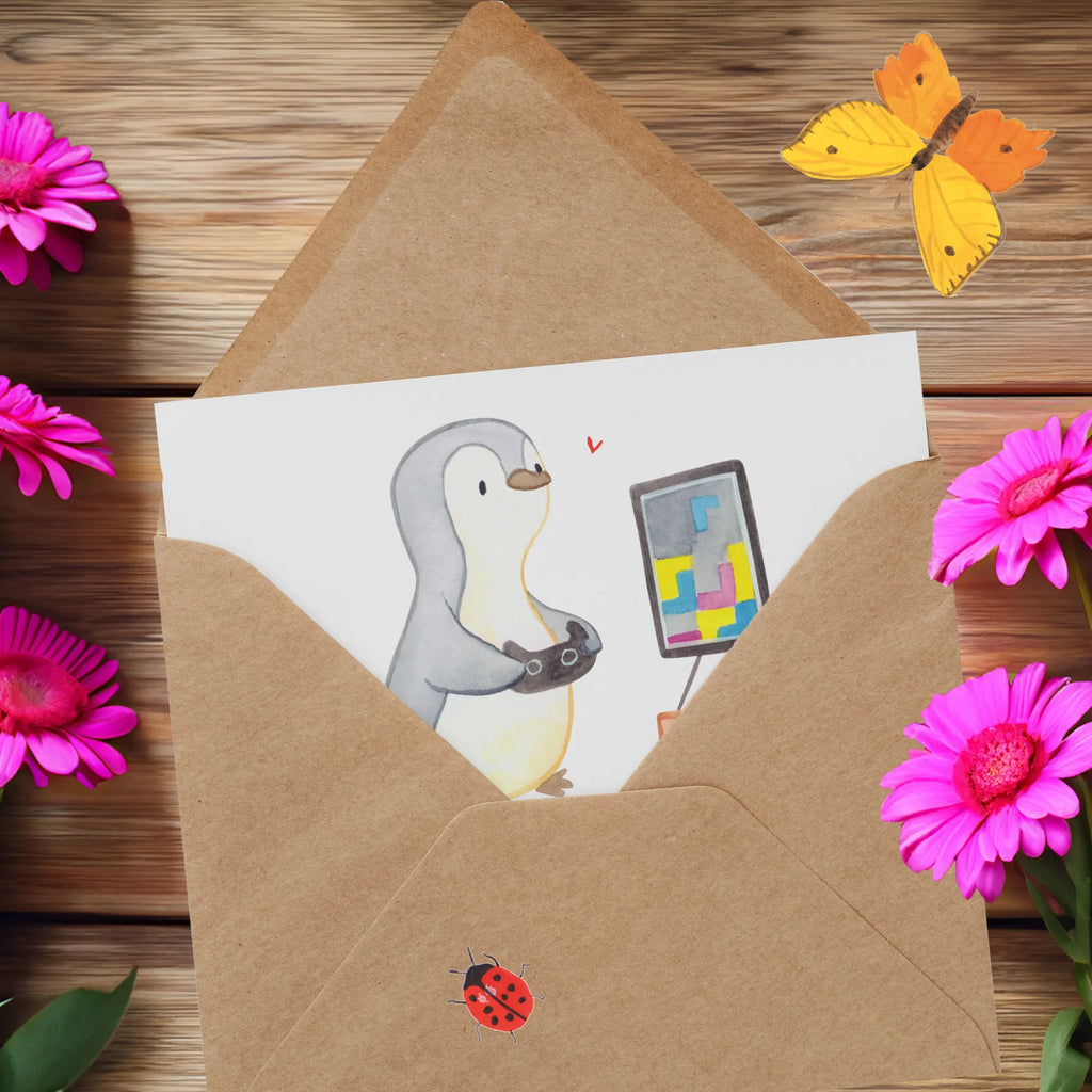 Deluxe Karte Pinguin Zocken Karte, Glückwunschkarte, Hochwertige Grußkarte, Geburtstagskarte, Hochzeitskarte, Grußkarte, Klappkarte, Hochwertige Klappkarte, Einladungskarte, Geschenk, Sport, Sportart, Hobby, Schenken, Danke, Dankeschön, Auszeichnung, Gewinn, Sportler, Videospiele, Videogames, Gaming, Zocken