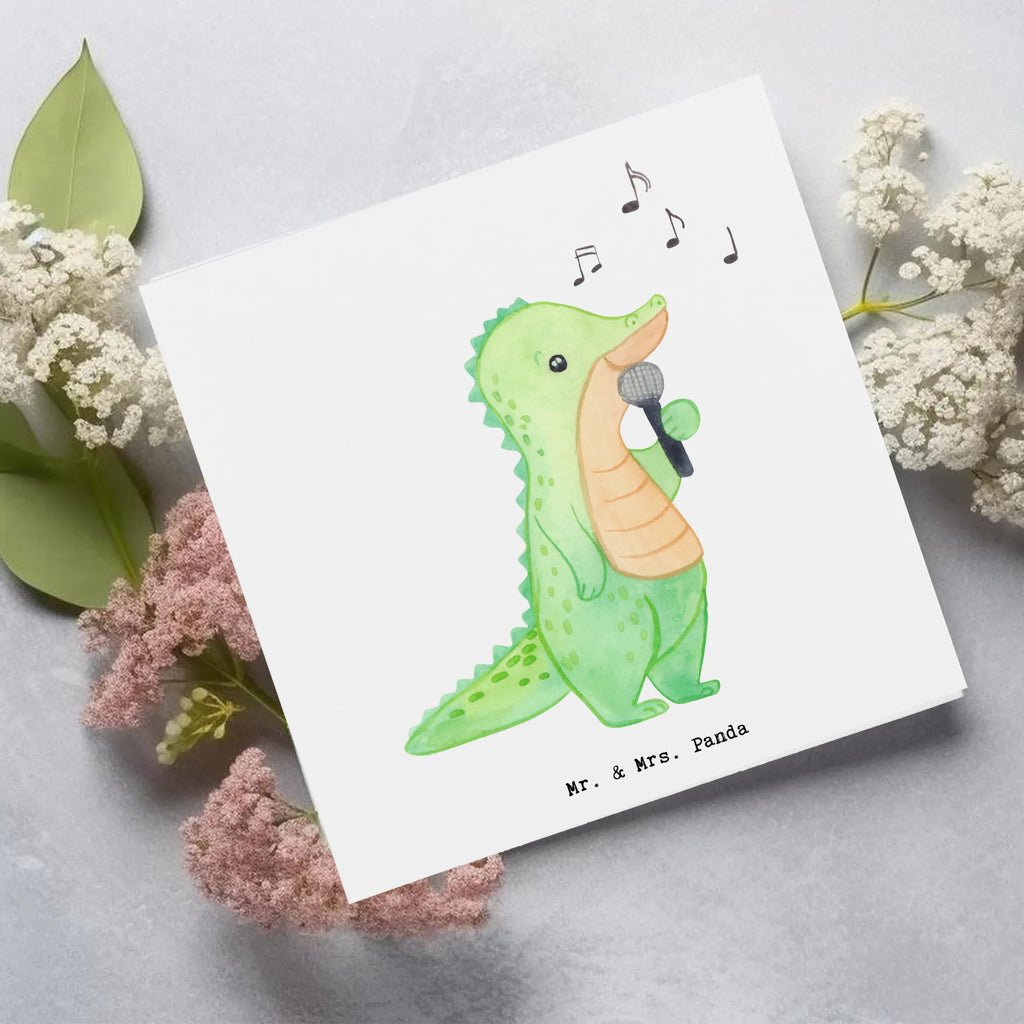 Deluxe Karte Krokodil Singen Grußkarte, Hochwertige Grußkarte, Einladungskarte, Karte, Geburtstagskarte, Klappkarte, Glückwunschkarte, Hochzeitskarte, Hochwertige Klappkarte, Geschenk, Sport, Sportart, Hobby, Schenken, Danke, Dankeschön, Auszeichnung, Gewinn, Sportler, Singen, Live Auftritt, Band, Gesang, Hobbysänger