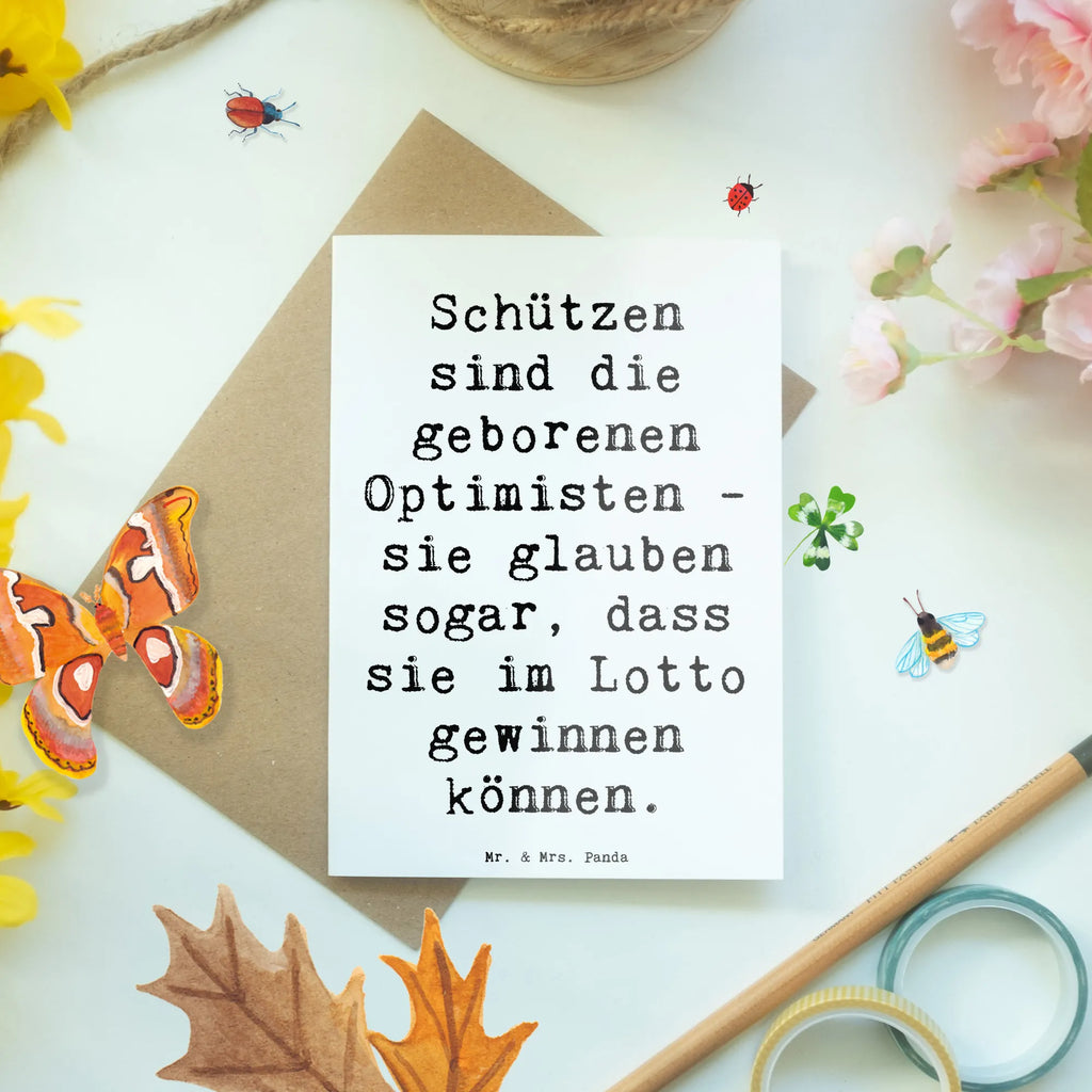 Greetings card Saying Schützen sind die geborenen Optimisten - sie glauben sogar, dass sie im Lotto gewinnen können. Glückwunschkarte, Karte, Geburtstagskarte, Ansichtskarten, Klappkarte, Hochzeitskarte, Einladungskarte, Grußkarte, Tierkreiszeichen, Sternzeichen, Horoskop, Astrologie, Aszendent
