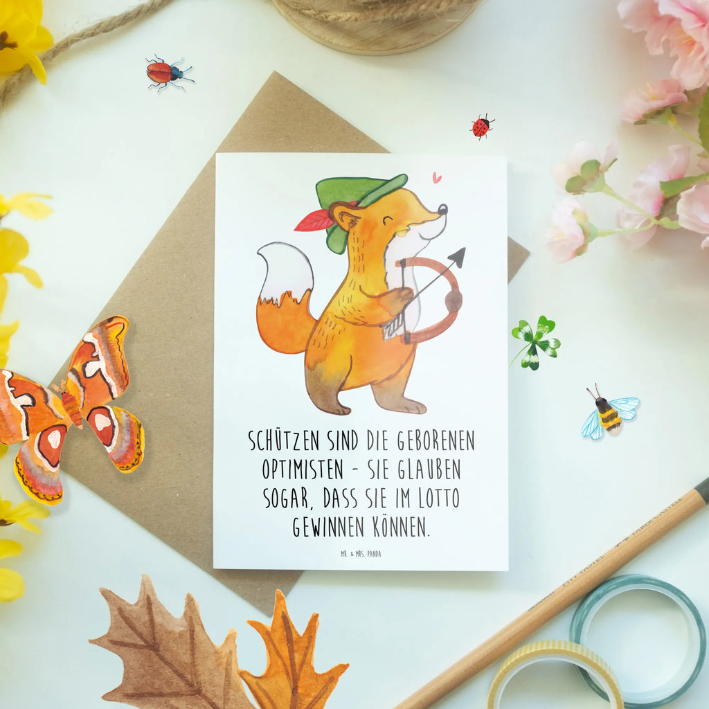 Greetings card Schützen sind die geborenen Optimisten - sie glauben sogar, dass sie im Lotto gewinnen können. Karte, Ansichtskarten, Hochzeitskarte, Glückwunschkarte, Einladungskarte, Geburtstagskarte, Grußkarte, Klappkarte, Tierkreiszeichen, Sternzeichen, Horoskop, Astrologie, Aszendent