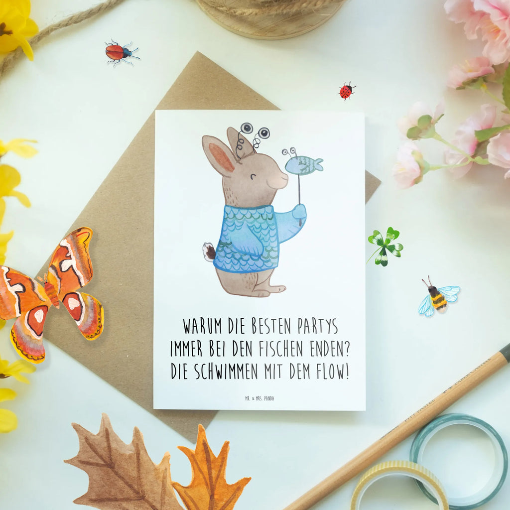 Greetings card Warum die besten Partys immer bei den Fischen enden? Die schwimmen mit dem Flow! Einladungskarte, Klappkarte, Karte, Ansichtskarten, Hochzeitskarte, Grußkarte, Glückwunschkarte, Geburtstagskarte, Tierkreiszeichen, Sternzeichen, Horoskop, Astrologie, Aszendent