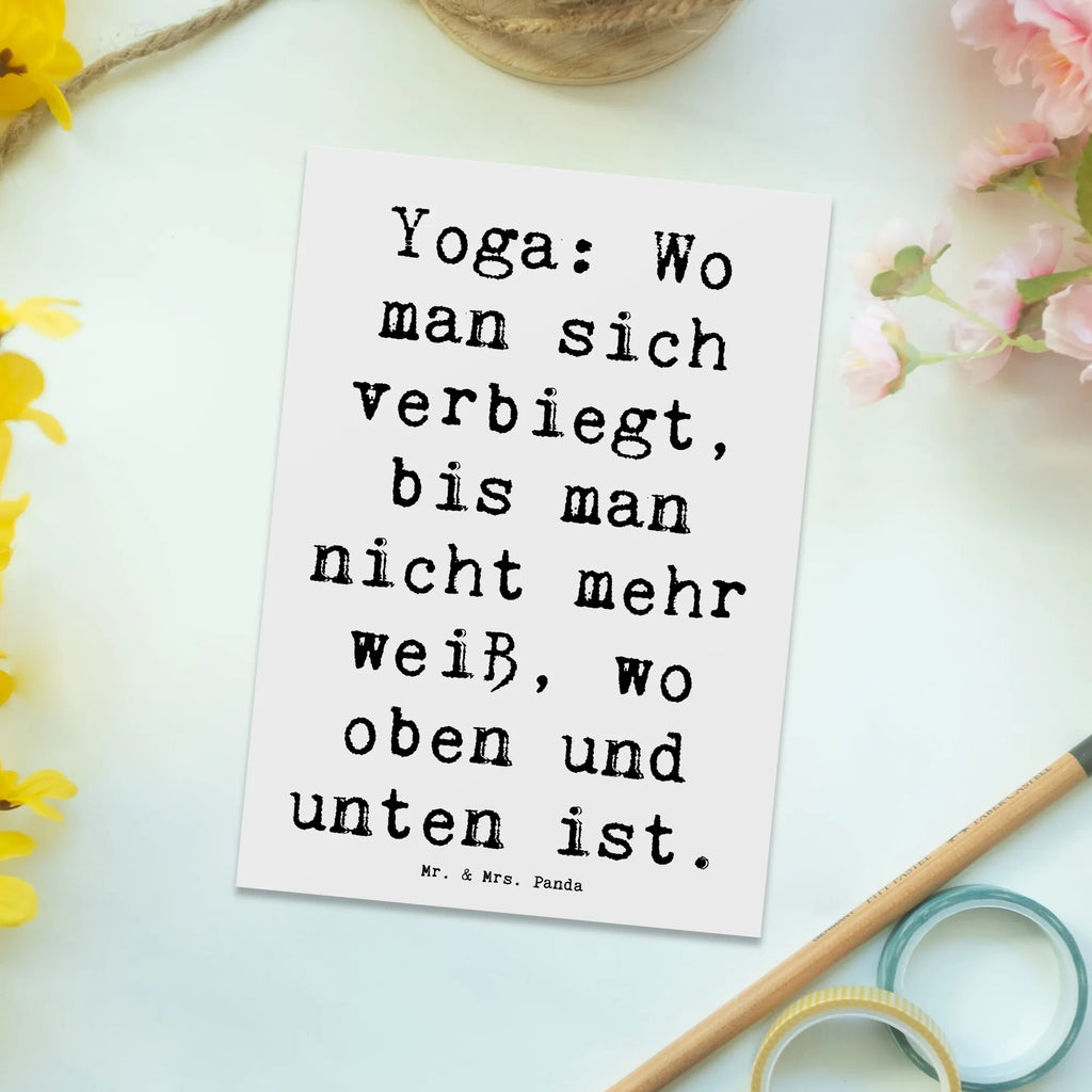 Postcard Saying Yoga: Wo man sich verbiegt, bis man nicht mehr weiß, wo oben und unten ist. kunstkarte, Postkarten, Motivkarte, Designkarte, Fotokarte, Kunstkarten, Postkarte, Ansichtskarten, spruchkarte, bildkarte, Grußkarte, einzelkarte, Ansichtskarte, Dankeschön, Danke, Geschenk, Auszeichnung, Hobby, Sport, Sportler, Gewinn, Sportart, Schenken