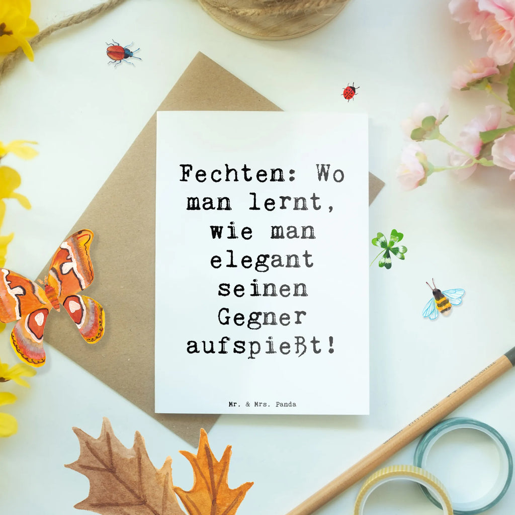 Greetings card Saying Fechten: Wo man lernt, wie man elegant seinen Gegner aufspießt! Grußkarte, Karte, Glückwunschkarte, Klappkarte, Hochzeitskarte, Geburtstagskarte, Einladungskarte, Ansichtskarten, Geschenk, Sport, Sportart, Hobby, Schenken, Danke, Dankeschön, Auszeichnung, Gewinn, Sportler