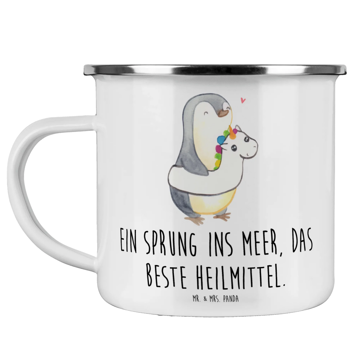 Kempingowy kubek emaliowany Ein Sprung ins Meer, das beste Heilmittel. Lato, motywy letnie, motywy wakacyjne, produkty dla urlopowiczów, produkty letnie