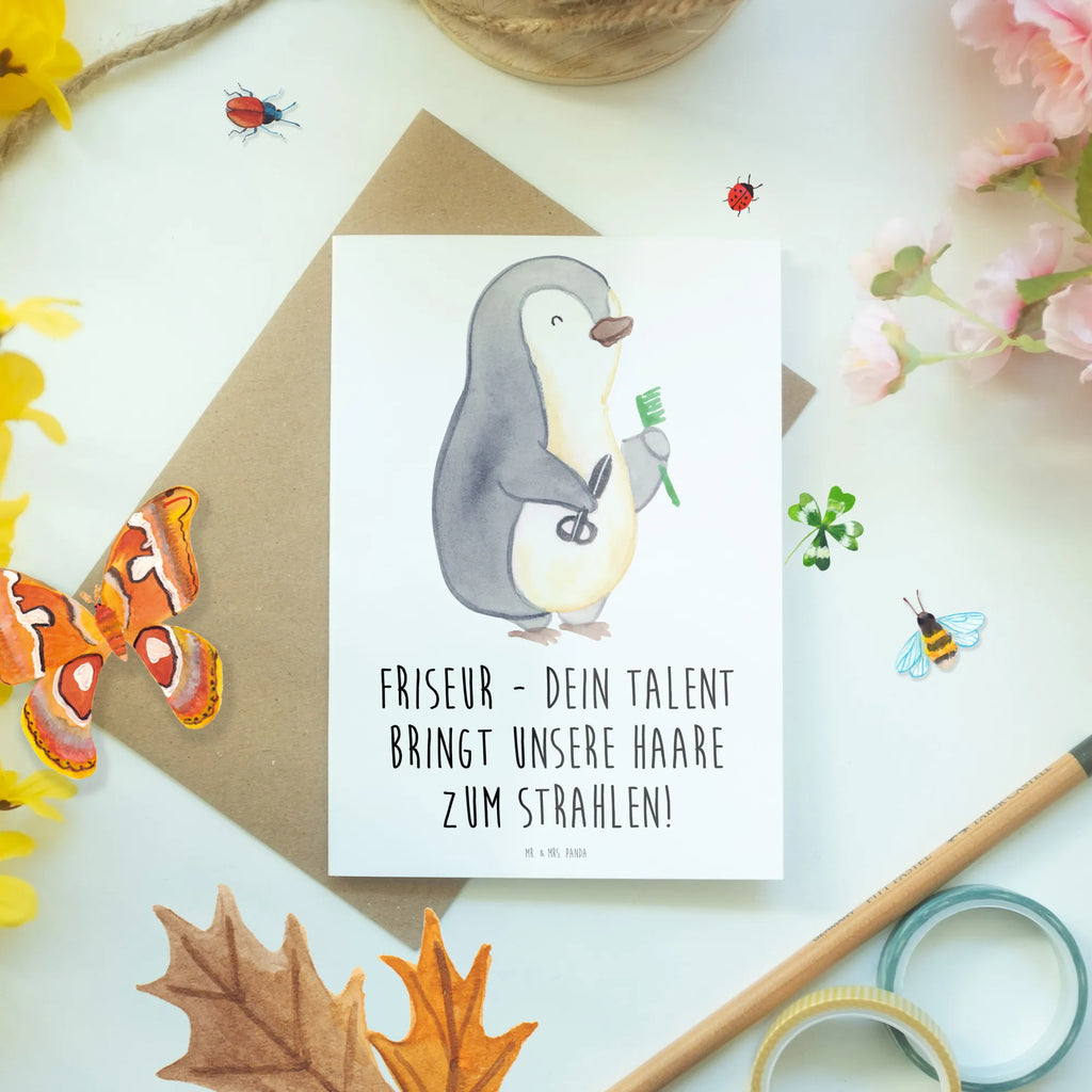 Greetings card Friseur - Dein Talent bringt unsere Haare zum Strahlen! Geburtstagskarte, Hochzeitskarte, Ansichtskarten, Karte, Klappkarte, Glückwunschkarte, Grußkarte, Einladungskarte, sprüche, zitate, spruch kollektion, inspiration, motivation, lebensweisheiten, geschenkideen, wanddeko, wohnaccessoires, sprüche sammlung, schöne sprüche, glück, liebe, freude, lächeln, alltag verschönern, nachhaltige geschenke, dekoration, kreativ, einzigartig, shopify, mr and mrs panda