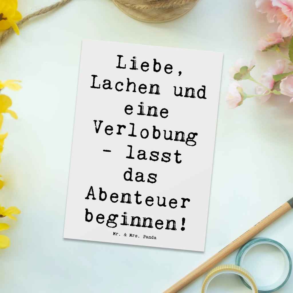 Postcard Saying Liebe, Lachen und eine Verlobung - lasst das Abenteuer beginnen! Ansichtskarten, Karte, Einladung Geburtstag, Dankeskarte, Postkarte, Grußkarte, Ansichtskarte, Einladungskarten Geburtstag, Geschenkkarte, Einladung, Einladungskarte, Geburtstagskarte, Hochzeit, Hochzeitsgeschenk, Ehe, Hochzeitsfeier, Trauung, Trauungsgeschenk, Hochzeitskarte, Verlobungsfeier, Verlobungsgeschenk, Hochzeitsgeschenkideen, Hochzeitsgeschenke für Brautpaar