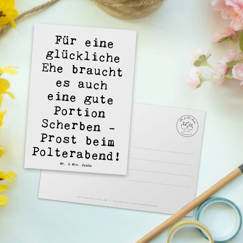 Postcard Saying Für eine glückliche Ehe braucht es auch eine gute Portion Scherben - Prost beim Polterabend! Karte, Grußkarte, Geburtstagskarte, Geschenkkarte, Einladungskarten Geburtstag, Dankeskarte, Postkarte, Ansichtskarten, Einladungskarte, Einladung Geburtstag, Ansichtskarte, Einladung, Hochzeit, Hochzeitsgeschenk, Ehe, Hochzeitsfeier, Trauung, Trauungsgeschenk, Hochzeitskarte, Verlobungsfeier, Verlobungsgeschenk, Hochzeitsgeschenkideen, Hochzeitsgeschenke für Brautpaar