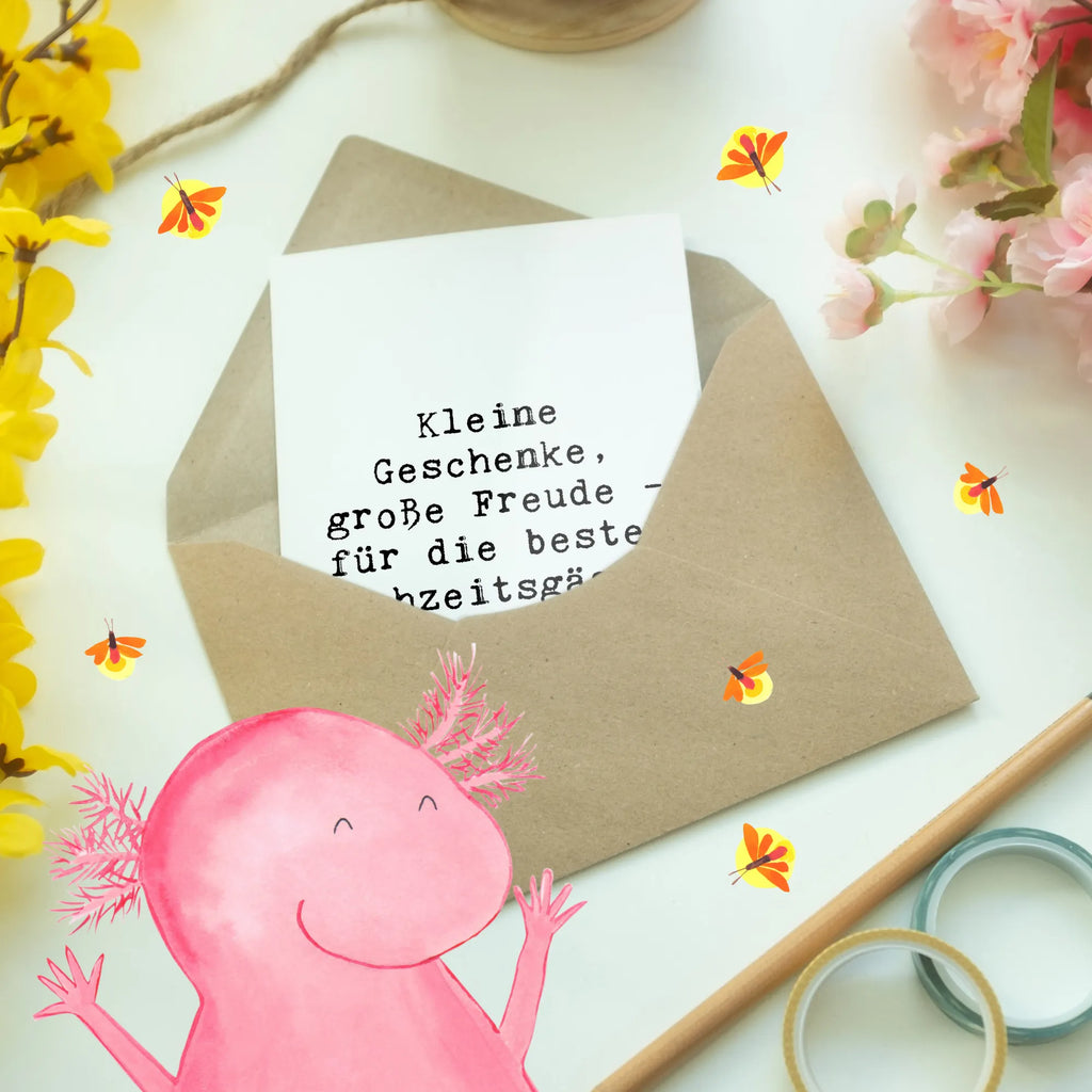 Greetings card Saying Kleine Geschenke, große Freude - für die besten Hochzeitsgäste! Glückwunschkarte, Karte, Ansichtskarten, Klappkarte, Einladungskarte, Hochzeitskarte, Grußkarte, Geburtstagskarte, Hochzeit, Hochzeitsgeschenk, Ehe, Hochzeitsfeier, Trauung, Trauungsgeschenk, Verlobungsfeier, Verlobungsgeschenk, Hochzeitsgeschenkideen, Hochzeitsgeschenke für Brautpaar