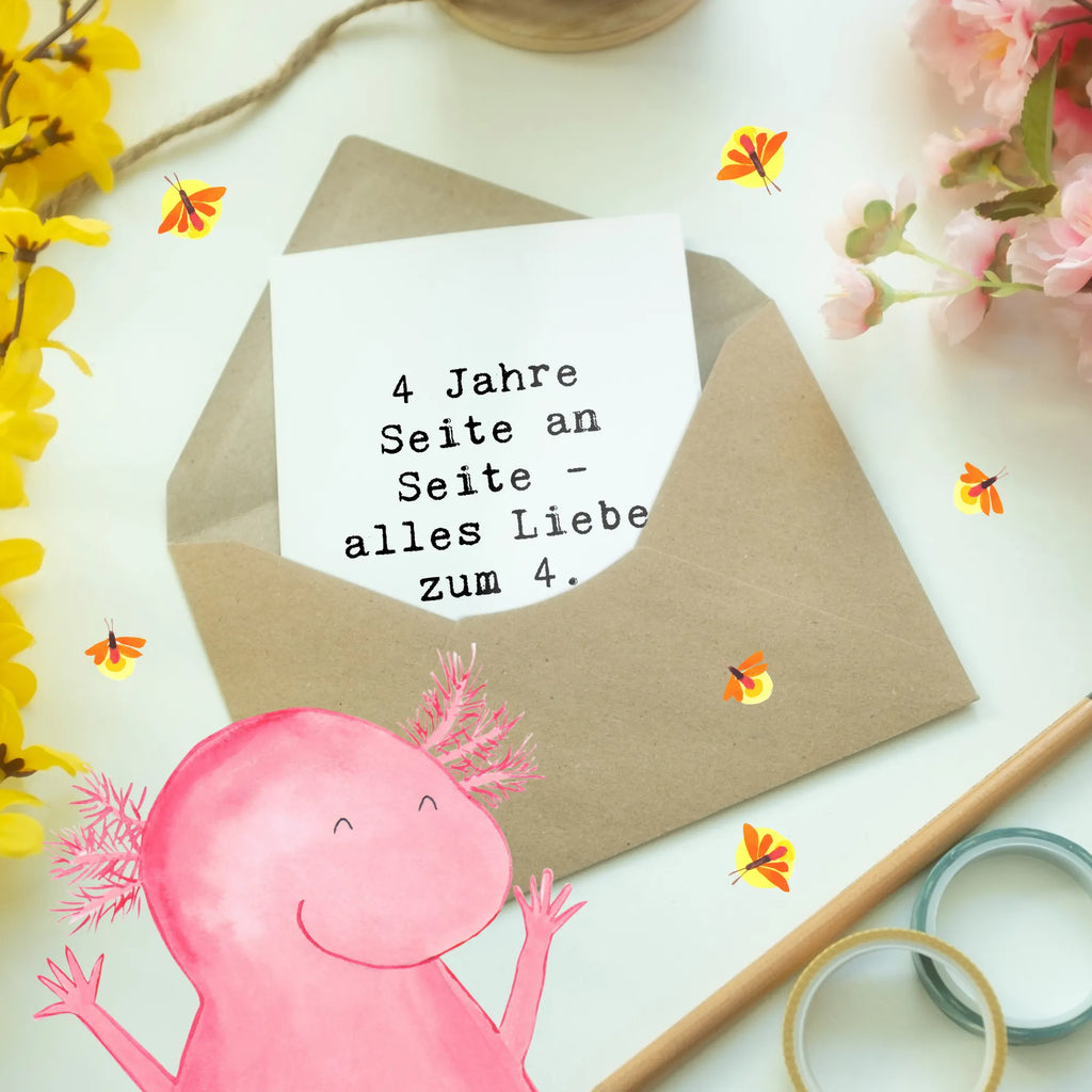 Greetings card Saying 4 Jahre Seite an Seite - alles Liebe zum 4. Hochzeitstag! Einladungskarte, Hochzeitskarte, Klappkarte, Grußkarte, Ansichtskarten, Glückwunschkarte, Karte, Geburtstagskarte, Hochzeit, Hochzeitsgeschenk, Ehe, Hochzeitsfeier, Trauung, Trauungsgeschenk, Verlobungsfeier, Verlobungsgeschenk, Hochzeitsgeschenkideen, Hochzeitsgeschenke für Brautpaar