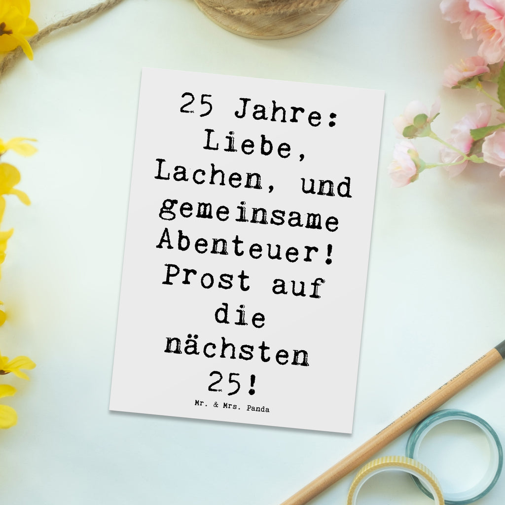 Postcard Saying 25 Jahre: Liebe, Lachen, und gemeinsame Abenteuer! Prost auf die nächsten 25! Grußkarte, Postkarte, spruchkarte, Ansichtskarte, Motivkarte, Kunstkarten, Fotokarte, Postkarten, Designkarte, bildkarte, kunstkarte, Ansichtskarten, einzelkarte, Hochzeitsgeschenke für Brautpaar, Hochzeitsgeschenkideen, Hochzeitsfeier, Verlobungsfeier, Verlobungsgeschenk, Hochzeitsgeschenk, Trauung, Ehe, Hochzeitskarte, Hochzeit, Trauungsgeschenk