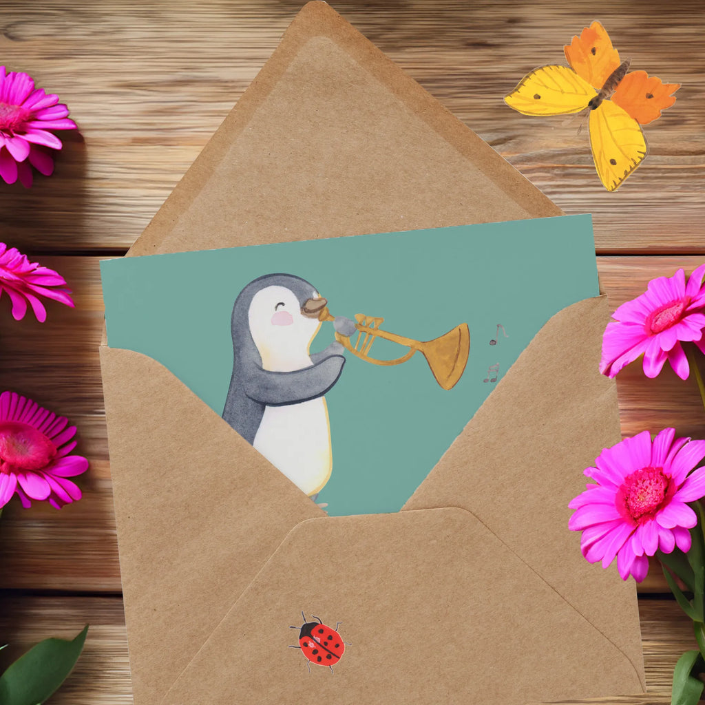 Deluxe Card Ein guter Posaunist und seine Posaune: Liebe auf den ersten Zug. Hochwertige Klappkarte, Hochzeitskarte, Grußkarte, Glückwunschkarte, Klappkarte, Einladungskarte, Geburtstagskarte, Karte, Hochwertige Grußkarte, Instrumente, Geschenke Musiker, Musikliebhaber