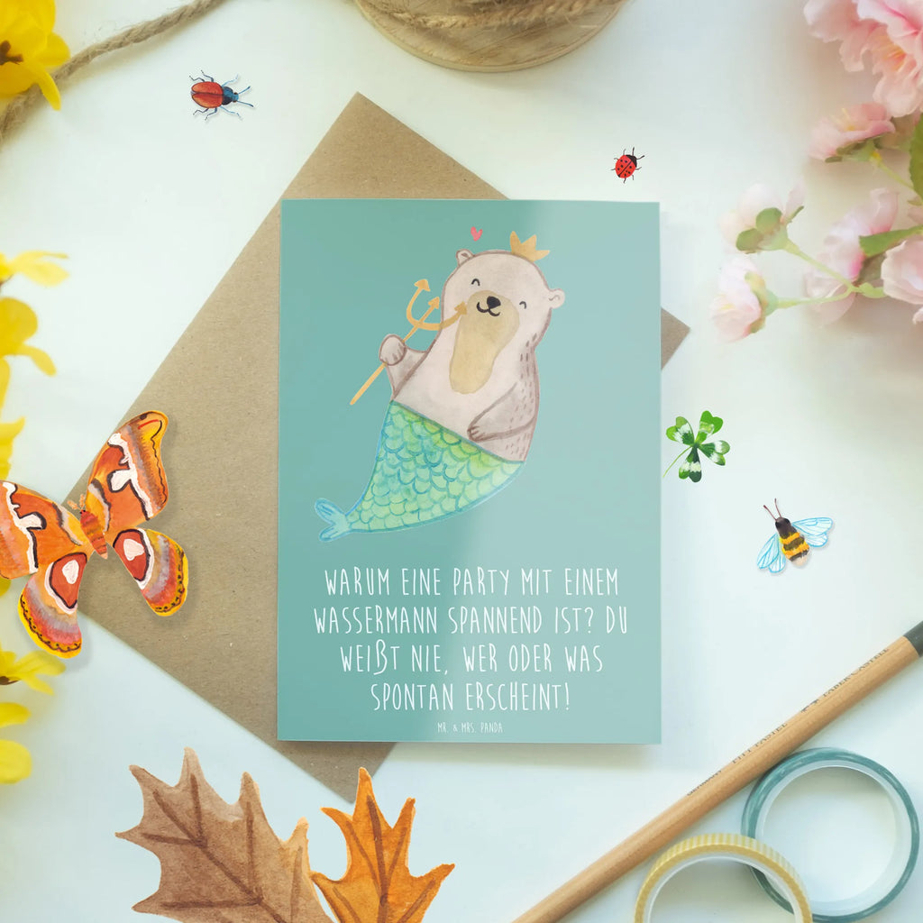 Greetings card Warum eine Party mit einem Wassermann spannend ist? Du weißt nie, wer oder was spontan erscheint! Grußkarte, Ansichtskarten, Karte, Glückwunschkarte, Klappkarte, Geburtstagskarte, Hochzeitskarte, Einladungskarte, Tierkreiszeichen, Sternzeichen, Horoskop, Astrologie, Aszendent