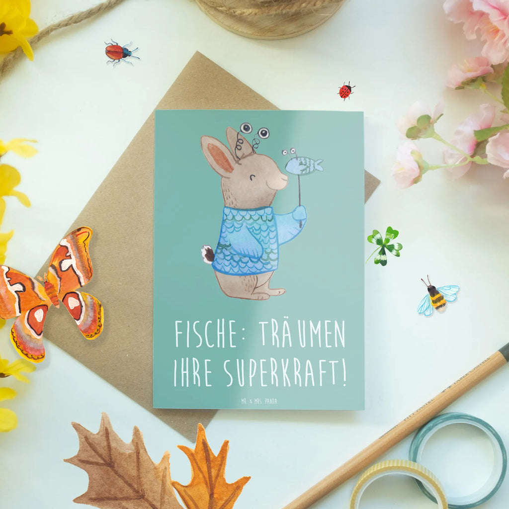 Greetings card Fische: Träumen ihre Superkraft! Karte, Glückwunschkarte, Grußkarte, Hochzeitskarte, Geburtstagskarte, Einladungskarte, Ansichtskarten, Klappkarte, Tierkreiszeichen, Sternzeichen, Horoskop, Astrologie, Aszendent