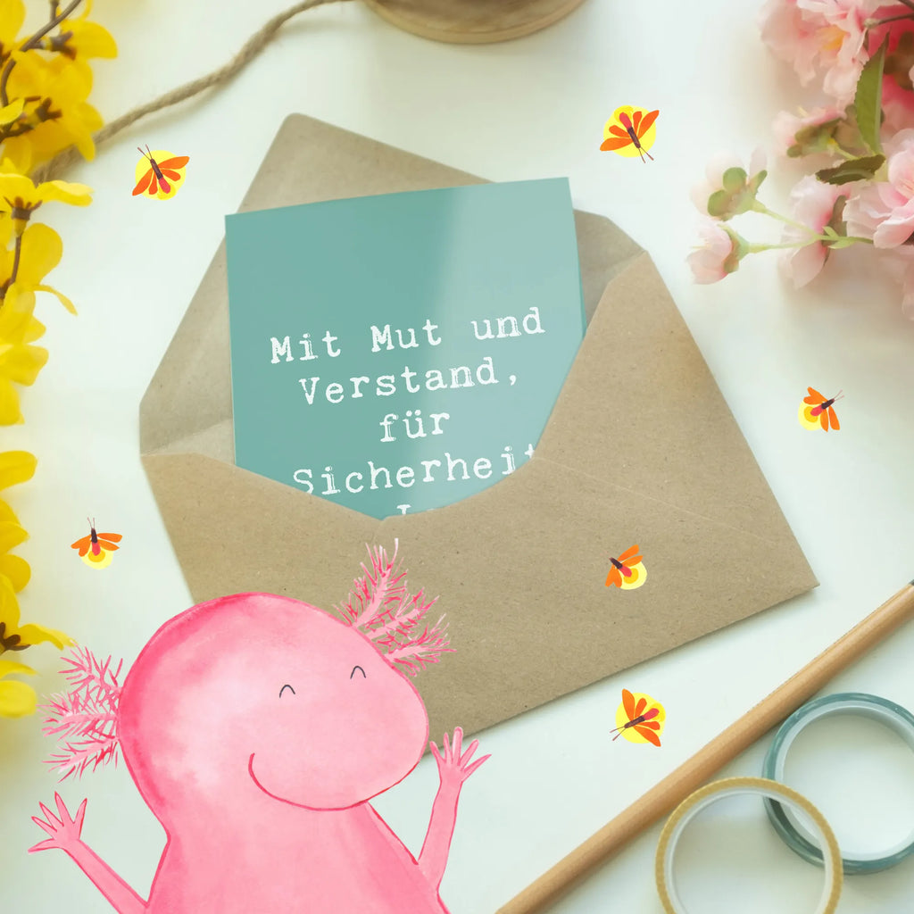 Greetings card Saying Mit Mut und Verstand, für Sicherheit im Land! Geburtstagskarte, Einladungskarte, Ansichtskarten, Glückwunschkarte, Hochzeitskarte, Klappkarte, Grußkarte, Karte, sprüche, zitate, spruch kollektion, inspiration, motivation, lebensweisheiten, geschenkideen, wanddeko, wohnaccessoires, sprüche sammlung, schöne sprüche, glück, liebe, freude, lächeln, alltag verschönern, nachhaltige geschenke, dekoration, kreativ, einzigartig, shopify, mr and mrs panda