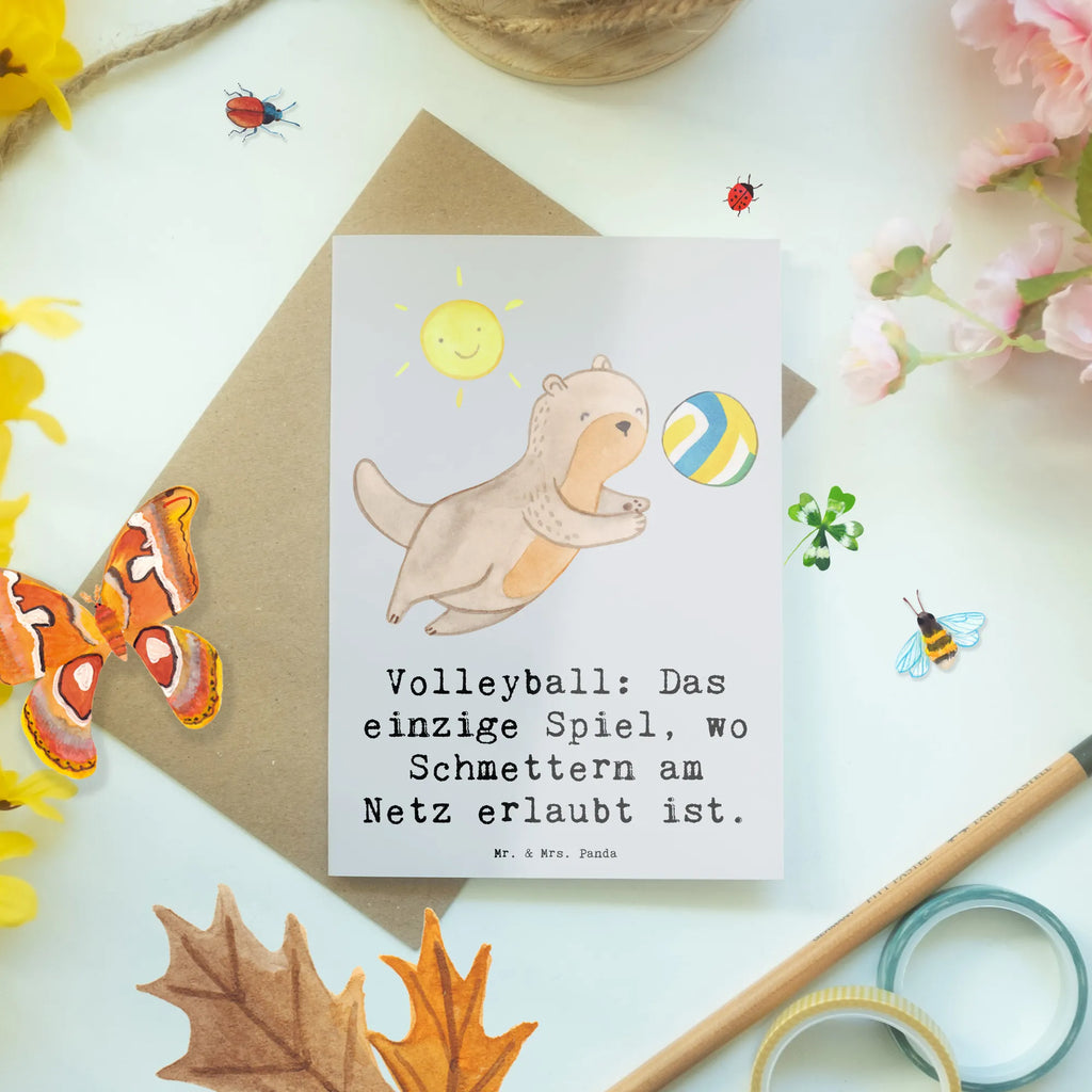 Greetings card Volleyball: Das einzige Spiel, wo Schmettern am Netz erlaubt ist. Ansichtskarten, Grußkarte, Einladungskarte, Klappkarte, Hochzeitskarte, Glückwunschkarte, Karte, Geburtstagskarte, Geschenk, Sport, Sportart, Hobby, Schenken, Danke, Dankeschön, Auszeichnung, Gewinn, Sportler