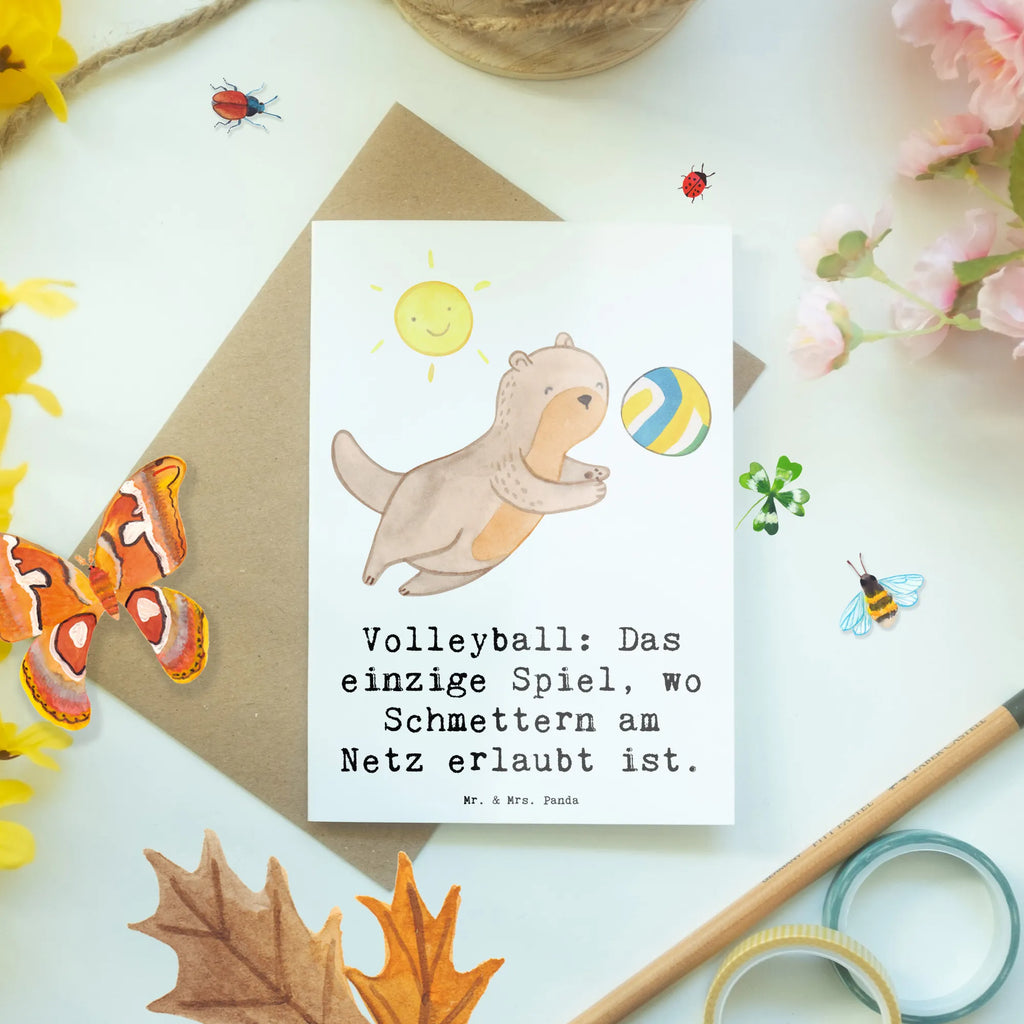 Greetings card Volleyball: Das einzige Spiel, wo Schmettern am Netz erlaubt ist. Ansichtskarten, Grußkarte, Einladungskarte, Klappkarte, Hochzeitskarte, Glückwunschkarte, Karte, Geburtstagskarte, Geschenk, Sport, Sportart, Hobby, Schenken, Danke, Dankeschön, Auszeichnung, Gewinn, Sportler