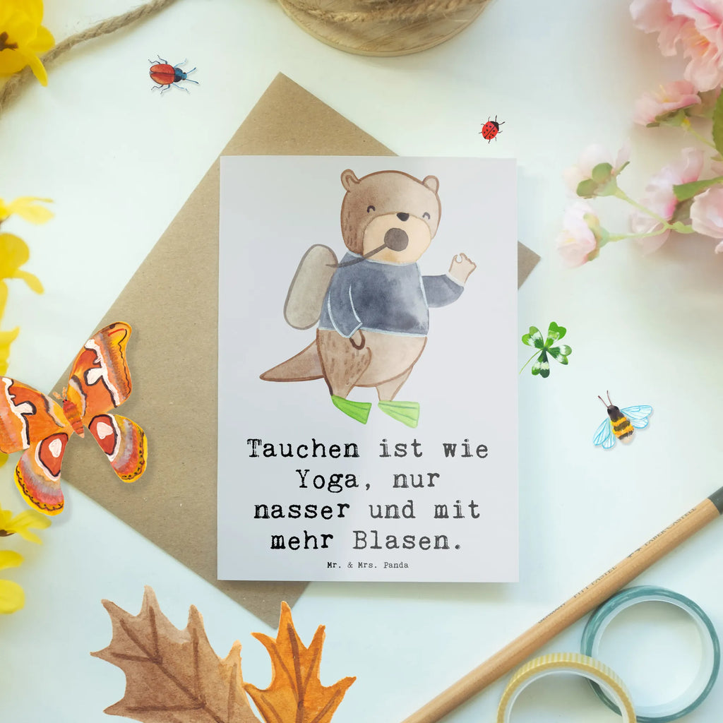 Greetings card Tauchen ist wie Yoga, nur nasser und mit mehr Blasen. Geburtstagskarte, Ansichtskarten, Einladungskarte, Grußkarte, Klappkarte, Glückwunschkarte, Hochzeitskarte, Karte, Geschenk, Sport, Sportart, Hobby, Schenken, Danke, Dankeschön, Auszeichnung, Gewinn, Sportler