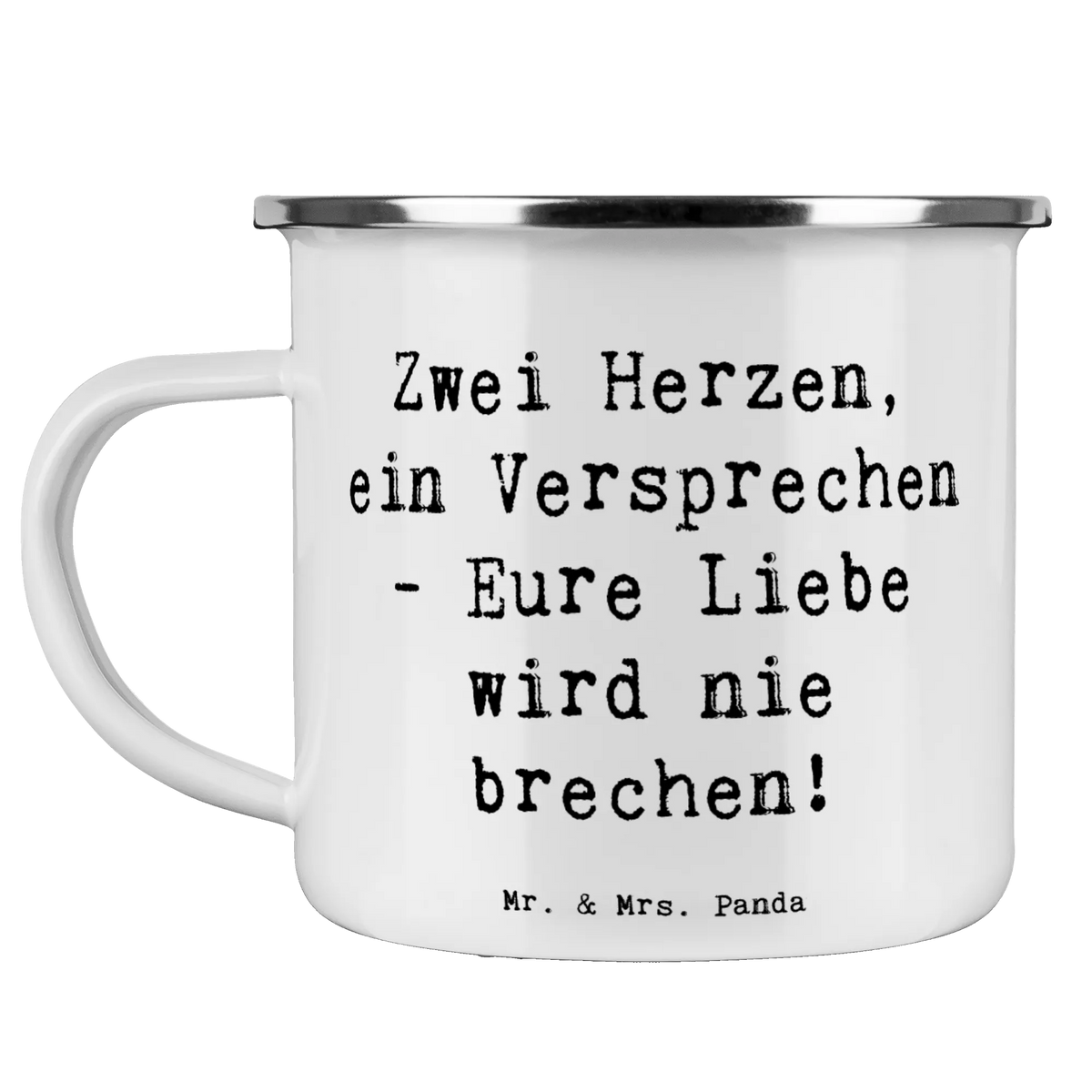 Kempingowy kubek emaliowany Przysłowie Zwei Herzen, ein Versprechen - Eure Liebe wird nie brechen!