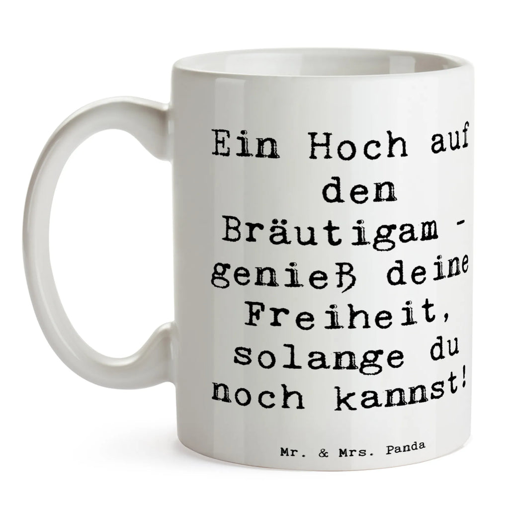 Mug Saying Ein Hoch auf den Bräutigam - genieß deine Freiheit, solange du noch kannst! Tasse mit Motiven, Tasse mit Zitaten, Bürotasse, Kaffeetasse, Tasse, Keramiktasse, Geschenktasse, Porzellantasse, Teetasse, Hochzeit, Hochzeitsgeschenk, Ehe, Hochzeitsfeier, Trauung, Trauungsgeschenk, Hochzeitskarte, Verlobungsfeier, Verlobungsgeschenk, Hochzeitsgeschenkideen, Hochzeitsgeschenke für Brautpaar