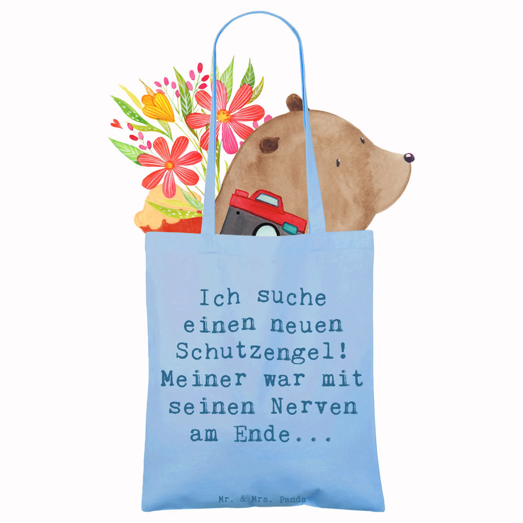 Tote bag Saying Ich suche einen neuen Schutzengel! Meiner war mit seinen Nerven am Ende... Badetasche, Schultertasche, Jutebeutel, Shopper, Einkaufstüte, Beutel, Laptoptasche, Umhängetasche, Stoffbeutel, Tragetasche, Stofftasche, Beuteltasche, Jutetasche, Strandtasche, Tasche, Einkaufstasche