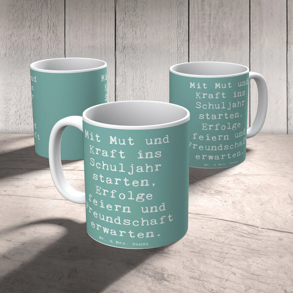 Mug Saying Mit Mut und Kraft ins Schuljahr starten, Erfolge feiern und Freundschaft erwarten. Tasse, Geschenktasse, Keramiktasse, Bürotasse, Tasse mit Motiven, Tasse mit Zitaten, Teetasse, Kaffeetasse, Porzellantasse