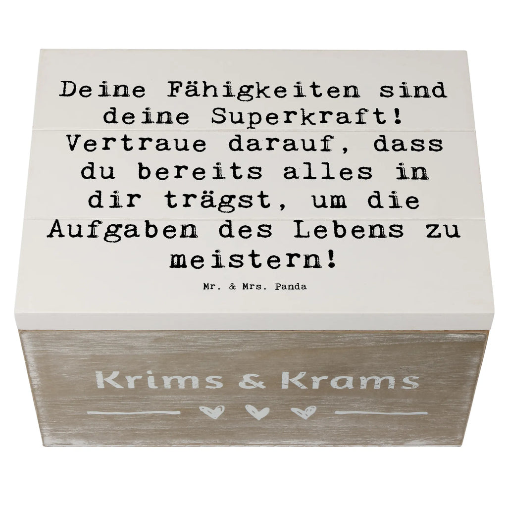 Wooden chest Saying Deine Fähigkeiten sind deine Superkraft! Vertraue darauf, dass du bereits alles in dir trägst, um die Aufgaben des Lebens zu meistern! Schatulle, Erinnerungskiste, Geschenkbox, Holzkiste, Geschenkdose, Kiste, Schatzkiste, Truhe, XXL, Dekokiste, Aufbewahrungsbox, Erinnerungsbox