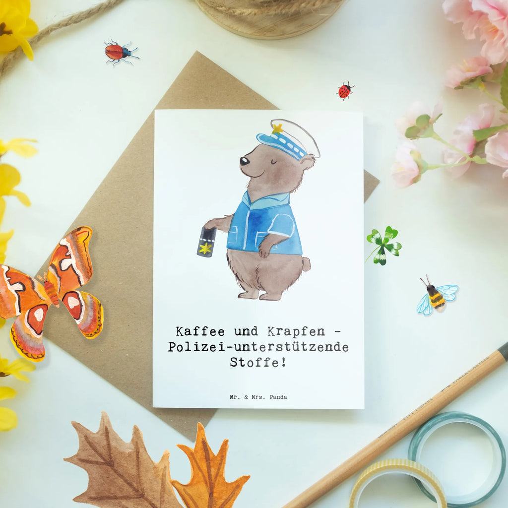 Greetings card Kaffee und Krapfen - Polizei-unterstützende Stoffe! Geburtstagskarte, Ansichtskarten, Grußkarte, Glückwunschkarte, Karte, Hochzeitskarte, Klappkarte, Einladungskarte, Beruf, Ausbildung, Jubiläum, Abschied, Rente, Kollege, Kollegin, Geschenk, Schenken, Arbeitskollege, Mitarbeiter, Firma, Danke, Dankeschön