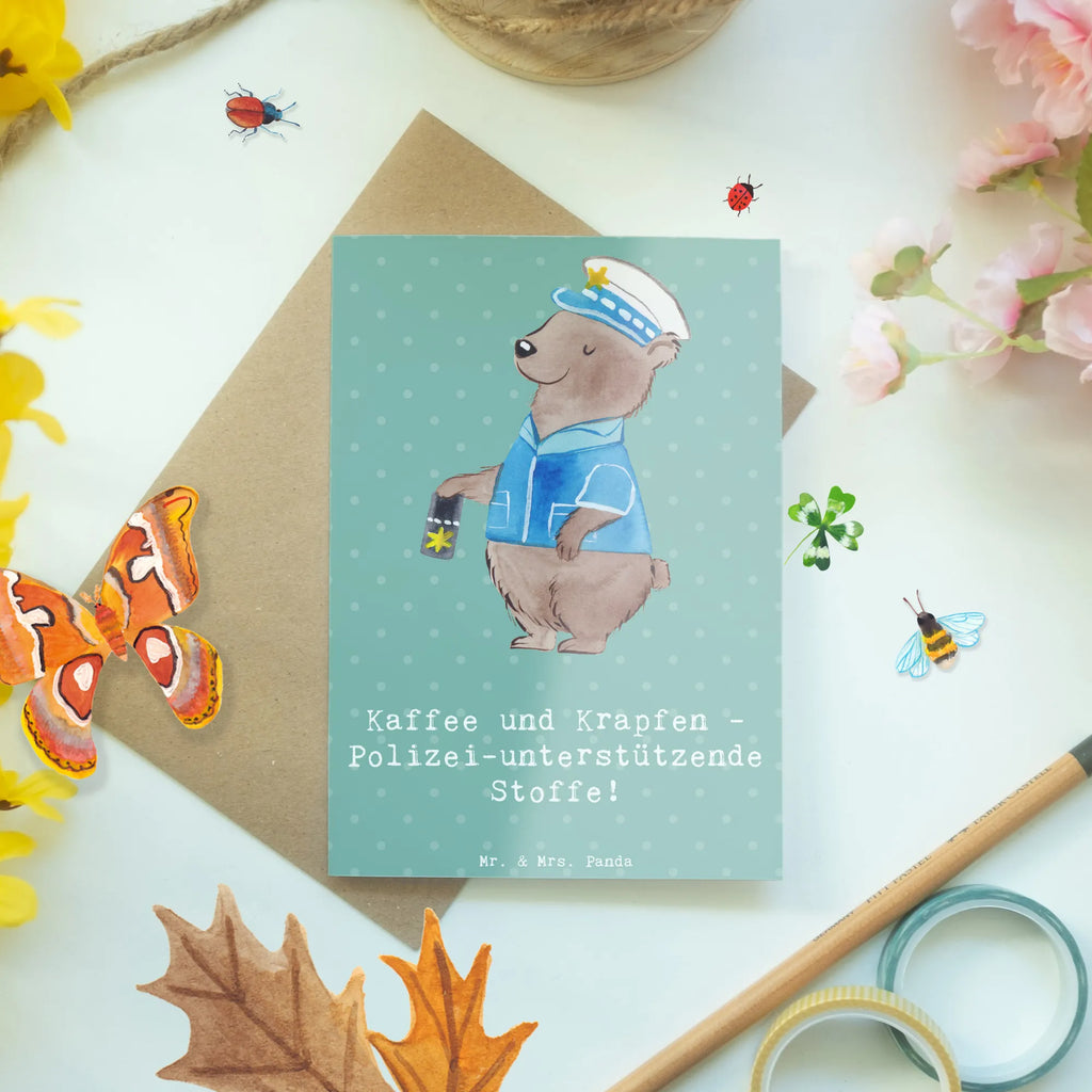 Greetings card Kaffee und Krapfen - Polizei-unterstützende Stoffe! Geburtstagskarte, Ansichtskarten, Grußkarte, Glückwunschkarte, Karte, Hochzeitskarte, Klappkarte, Einladungskarte, Beruf, Ausbildung, Jubiläum, Abschied, Rente, Kollege, Kollegin, Geschenk, Schenken, Arbeitskollege, Mitarbeiter, Firma, Danke, Dankeschön