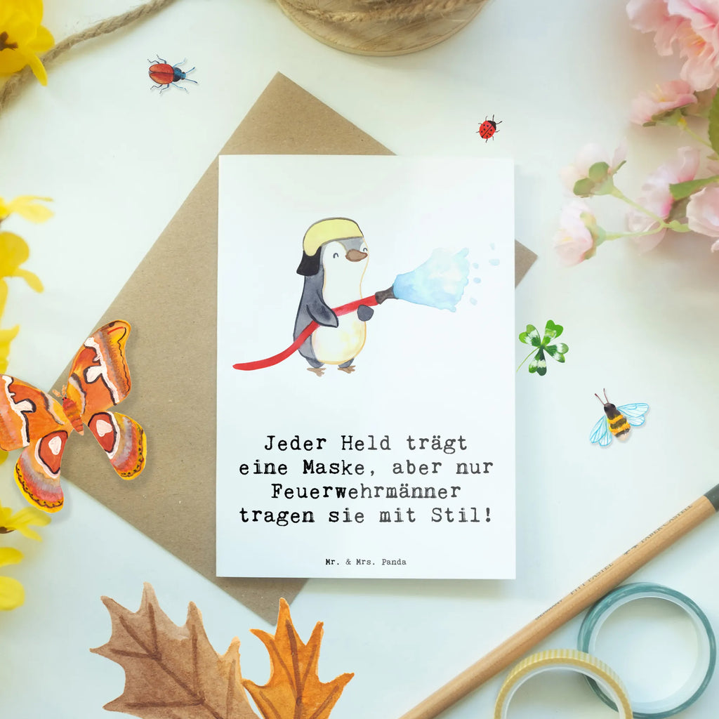Greetings card Jeder Held trägt eine Maske, aber nur Feuerwehrmänner tragen sie mit Stil! Einladungskarte, Grußkarte, Hochzeitskarte, Ansichtskarten, Geburtstagskarte, Karte, Glückwunschkarte, Klappkarte, Beruf, Ausbildung, Jubiläum, Abschied, Rente, Kollege, Kollegin, Geschenk, Schenken, Arbeitskollege, Mitarbeiter, Firma, Danke, Dankeschön