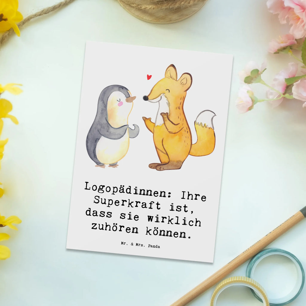 Postcard Logopädinnen: Ihre Superkraft ist, dass sie wirklich zuhören können. Grußkarte, Karte, Einladung, Einladungskarte, Ansichtskarten, Einladung Geburtstag, Dankeskarte, Geschenkkarte, Einladungskarten Geburtstag, Postkarte, Ansichtskarte, Geburtstagskarte, Beruf, Ausbildung, Jubiläum, Abschied, Rente, Kollege, Kollegin, Geschenk, Schenken, Arbeitskollege, Mitarbeiter, Firma, Danke, Dankeschön