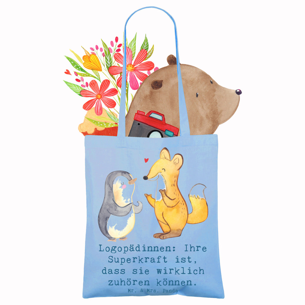 Tote bag Logopädinnen: Ihre Superkraft ist, dass sie wirklich zuhören können. Tragetasche, Badetasche, Laptoptasche, Beuteltasche, Jutetasche, Stoffbeutel, Tasche, Einkaufstüte, Einkaufstasche, Umhängetasche, Shopper, Stofftasche, Jutebeutel, Beutel, Strandtasche, Schultertasche, Beruf, Ausbildung, Jubiläum, Abschied, Rente, Kollege, Kollegin, Geschenk, Schenken, Arbeitskollege, Mitarbeiter, Firma, Danke, Dankeschön