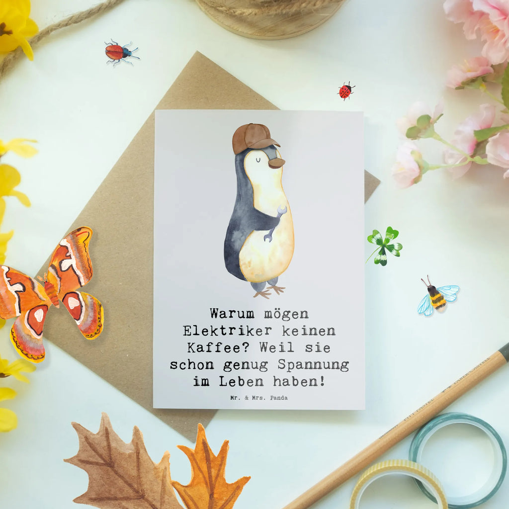 Greetings card Warum mögen Elektriker keinen Kaffee? Weil sie schon genug Spannung im Leben haben! Klappkarte, Geburtstagskarte, Einladungskarte, Ansichtskarten, Karte, Grußkarte, Glückwunschkarte, Hochzeitskarte, Beruf, Ausbildung, Jubiläum, Abschied, Rente, Kollege, Kollegin, Geschenk, Schenken, Arbeitskollege, Mitarbeiter, Firma, Danke, Dankeschön
