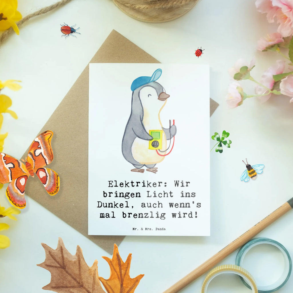 Greetings card Elektriker: Wir bringen Licht ins Dunkel, auch wenn's mal brenzlig wird! Klappkarte, Karte, Grußkarte, Glückwunschkarte, Einladungskarte, Ansichtskarten, Hochzeitskarte, Geburtstagskarte, Beruf, Ausbildung, Jubiläum, Abschied, Rente, Kollege, Kollegin, Geschenk, Schenken, Arbeitskollege, Mitarbeiter, Firma, Danke, Dankeschön