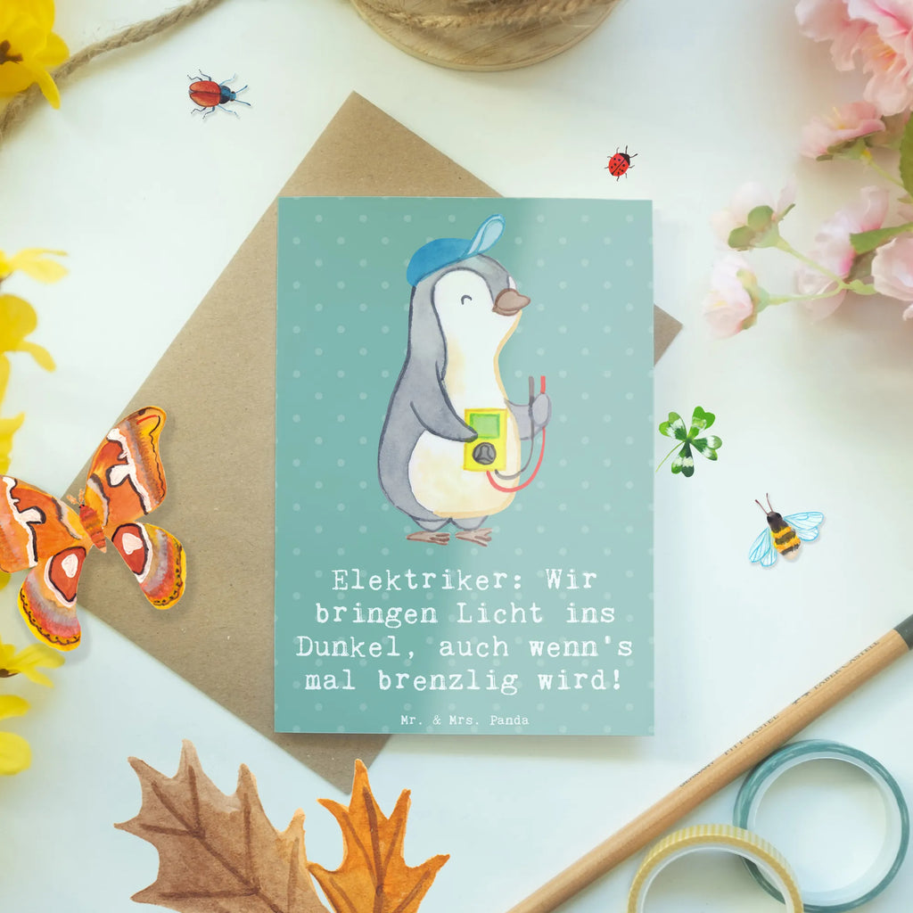 Greetings card Elektriker: Wir bringen Licht ins Dunkel, auch wenn's mal brenzlig wird! Klappkarte, Karte, Grußkarte, Glückwunschkarte, Einladungskarte, Ansichtskarten, Hochzeitskarte, Geburtstagskarte, Beruf, Ausbildung, Jubiläum, Abschied, Rente, Kollege, Kollegin, Geschenk, Schenken, Arbeitskollege, Mitarbeiter, Firma, Danke, Dankeschön