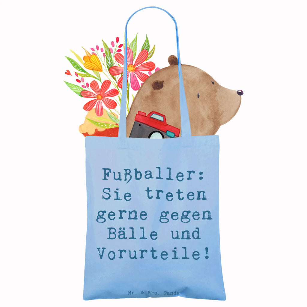 Tote bag Saying Fußballer: Sie treten gerne gegen Bälle und Vorurteile! Beuteltasche, Einkaufstasche, Badetasche, Tasche, Shopper, Einkaufstüte, Jutetasche, Strandtasche, Laptoptasche, Jutebeutel, Stoffbeutel, Schultertasche, Umhängetasche, Beutel, Tragetasche, Stofftasche, Beruf, Ausbildung, Jubiläum, Abschied, Rente, Kollege, Kollegin, Geschenk, Schenken, Arbeitskollege, Mitarbeiter, Firma, Danke, Dankeschön