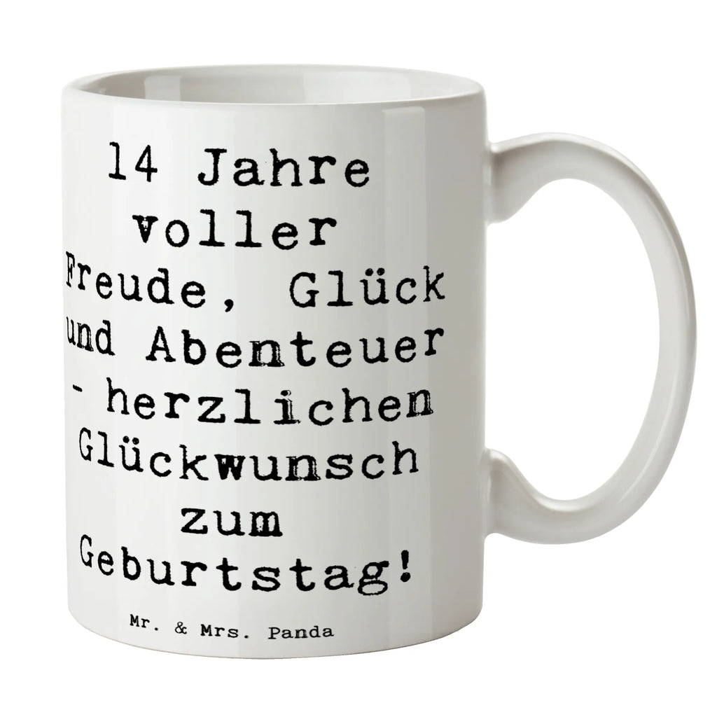Mug Saying 14 Jahre voller Freude, Glück und Abenteuer - herzlichen Glückwunsch zum Geburtstag! Kaffeetasse, Geschenktasse, Porzellantasse, Tasse mit Zitaten, Teetasse, Keramiktasse, Tasse mit Motiven, Tasse, Bürotasse, Geburtstag, Geburtstagsgeschenk, Geschenk