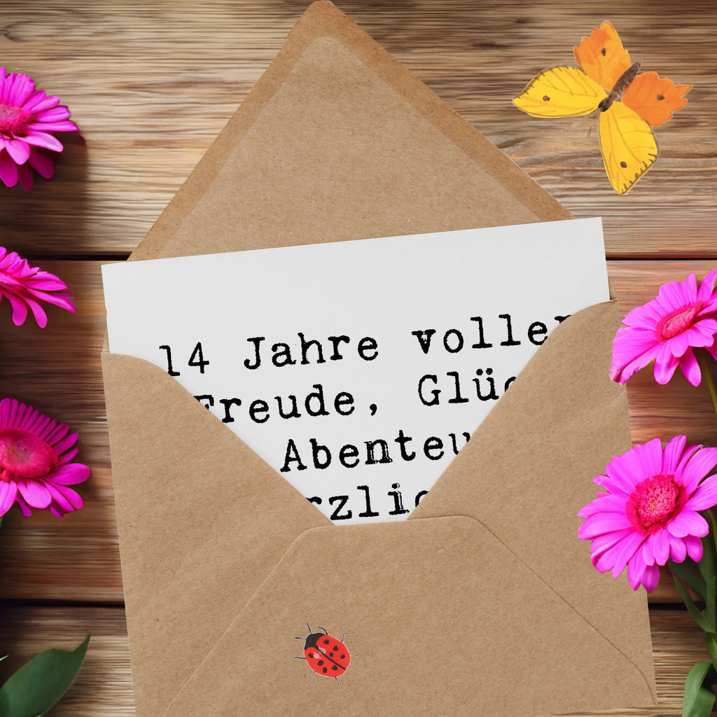 Deluxe Card Saying 14 Jahre voller Freude, Glück und Abenteuer - herzlichen Glückwunsch zum Geburtstag! Einladungskarte, Karte, Geburtstagskarte, Hochwertige Klappkarte, Klappkarte, Hochwertige Grußkarte, Grußkarte, Glückwunschkarte, Hochzeitskarte, Geburtstag, Geburtstagsgeschenk, Geschenk