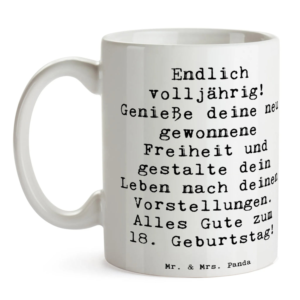 Mug Saying Endlich volljährig! Genieße deine neu gewonnene Freiheit und gestalte dein Leben nach deinen Vorstellungen. Alles Gute zum 18. Geburtstag! Tasse mit Motiven, Tasse, Tasse mit Zitaten, Teetasse, Keramiktasse, Porzellantasse, Geschenktasse, Bürotasse, Kaffeetasse, Geburtstag, Geburtstagsgeschenk, Geschenk