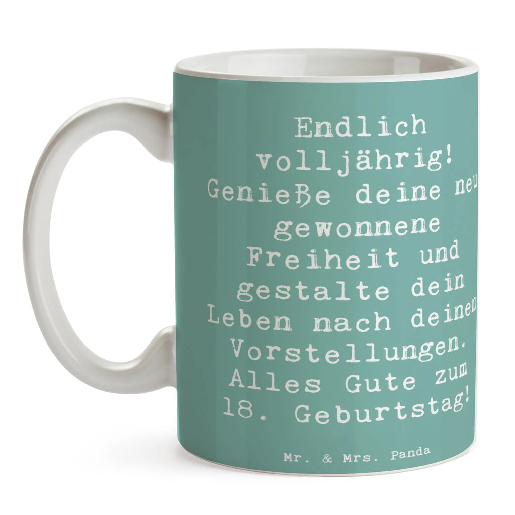 Mug Saying Endlich volljährig! Genieße deine neu gewonnene Freiheit und gestalte dein Leben nach deinen Vorstellungen. Alles Gute zum 18. Geburtstag! Tasse mit Motiven, Tasse, Tasse mit Zitaten, Teetasse, Keramiktasse, Porzellantasse, Geschenktasse, Bürotasse, Kaffeetasse, Geburtstag, Geburtstagsgeschenk, Geschenk