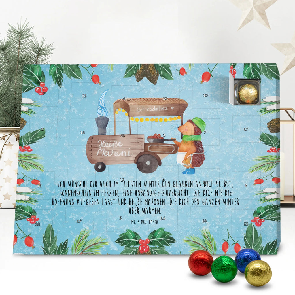 Chocolate advent calendar hedgehog Chestnuts Christmas time, snow