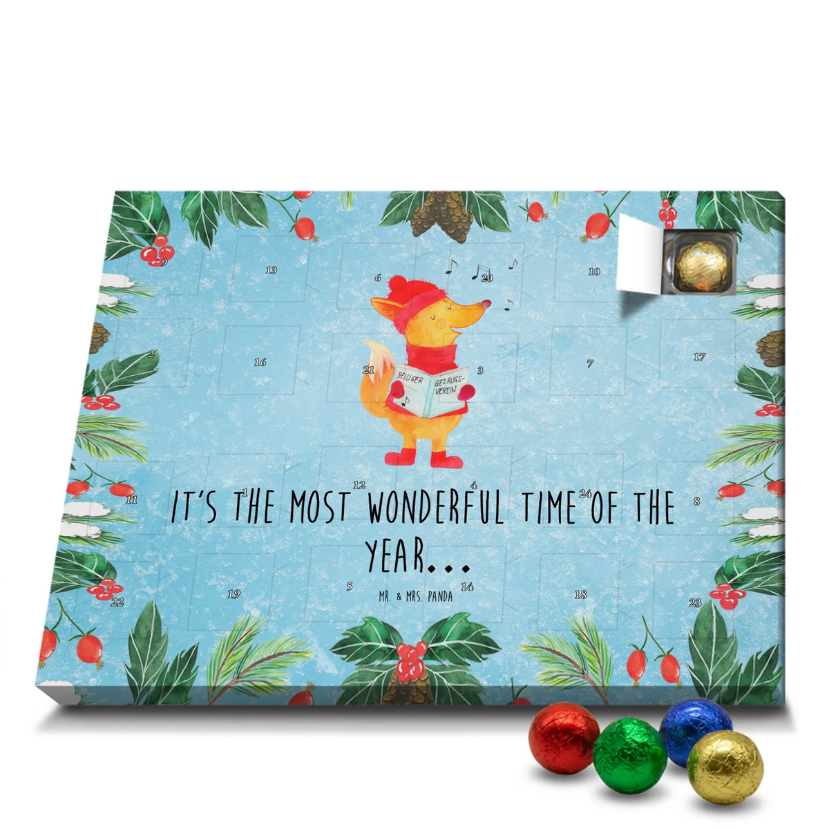 Chocolate advent calendar Fox Singer snow, Christmas time