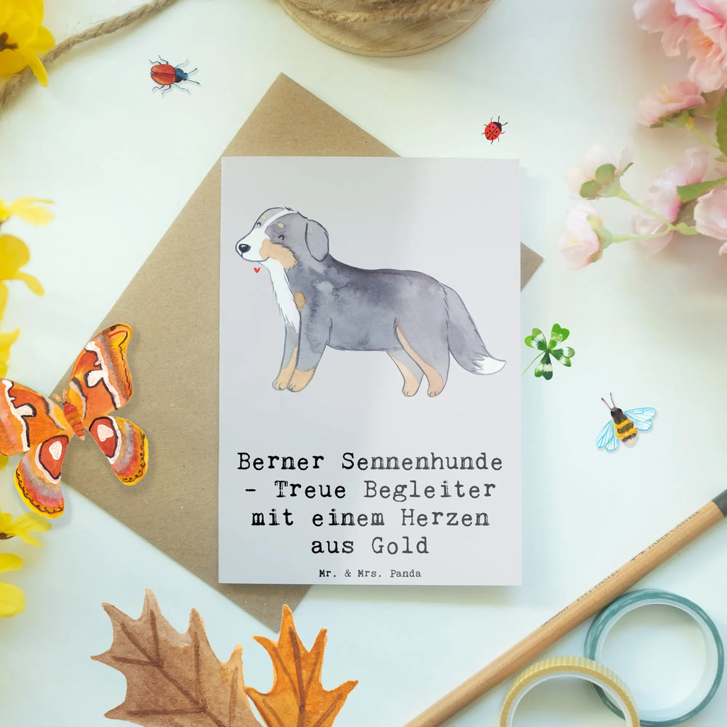 Greetings card Berner Sennenhunde - Treue Begleiter mit einem Herzen aus Gold Glückwunschkarte, Grußkarte, Hochzeitskarte, Klappkarte, Karte, Geburtstagskarte, Einladungskarte, Ansichtskarten, Hund, Hunderasse, Rassehund, Hundebesitzer, Geschenk, Tierfreund, Schenken, Welpe