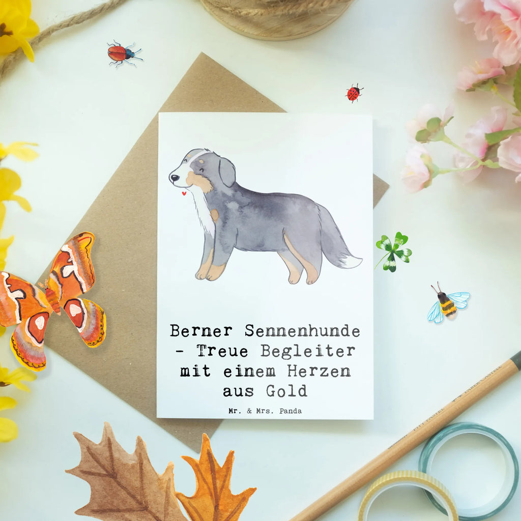 Greetings card Berner Sennenhunde - Treue Begleiter mit einem Herzen aus Gold Glückwunschkarte, Grußkarte, Hochzeitskarte, Klappkarte, Karte, Geburtstagskarte, Einladungskarte, Ansichtskarten, Hund, Hunderasse, Rassehund, Hundebesitzer, Geschenk, Tierfreund, Schenken, Welpe