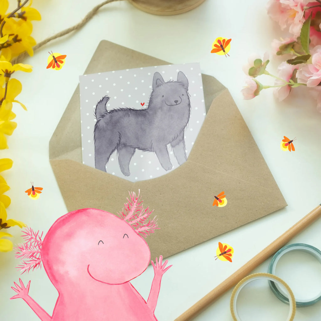 Greetings card Schipperke: Der treue Wächter mit dem Herz aus Gold Klappkarte, Hochzeitskarte, Einladungskarte, Grußkarte, Glückwunschkarte, Karte, Geburtstagskarte, Ansichtskarten, Hund, Hunderasse, Rassehund, Hundebesitzer, Geschenk, Tierfreund, Schenken, Welpe