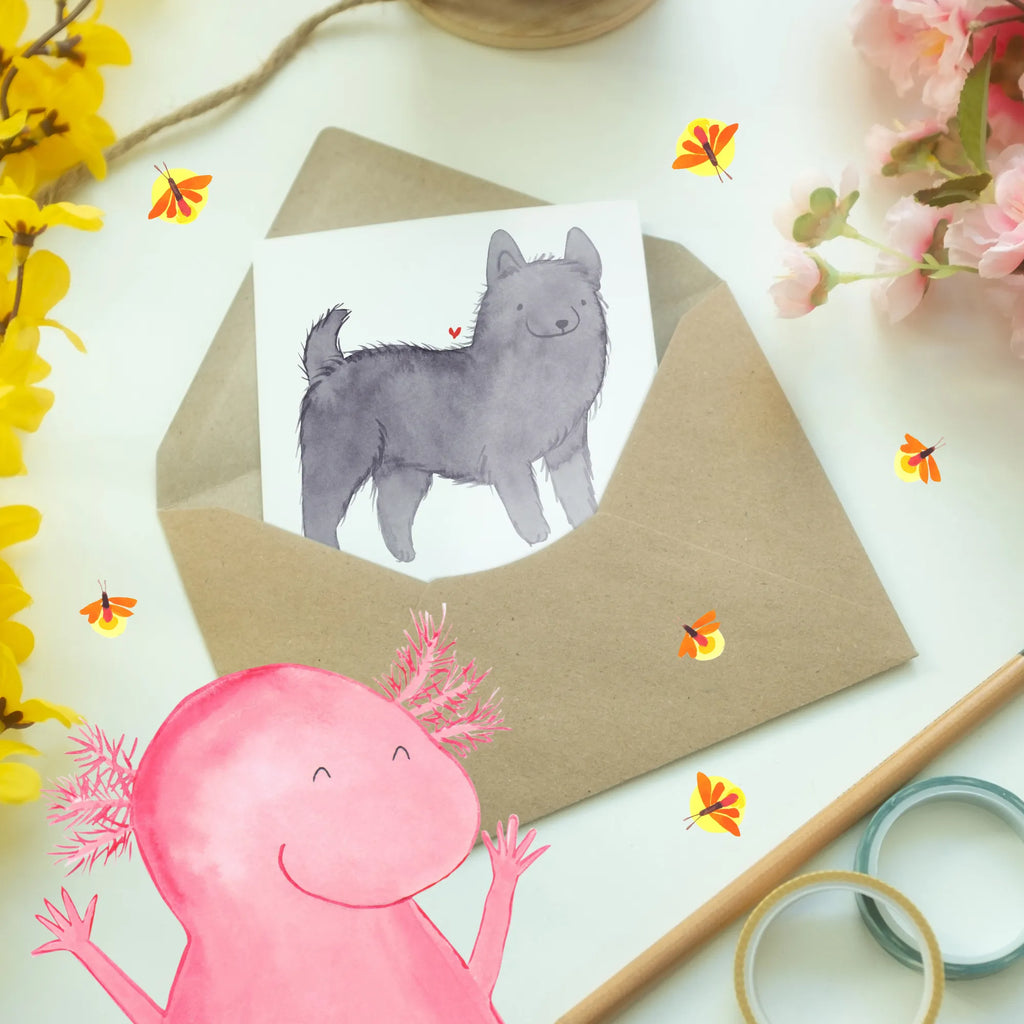 Greetings card Schipperke: Der treue Wächter mit dem Herz aus Gold Klappkarte, Hochzeitskarte, Einladungskarte, Grußkarte, Glückwunschkarte, Karte, Geburtstagskarte, Ansichtskarten, Hund, Hunderasse, Rassehund, Hundebesitzer, Geschenk, Tierfreund, Schenken, Welpe