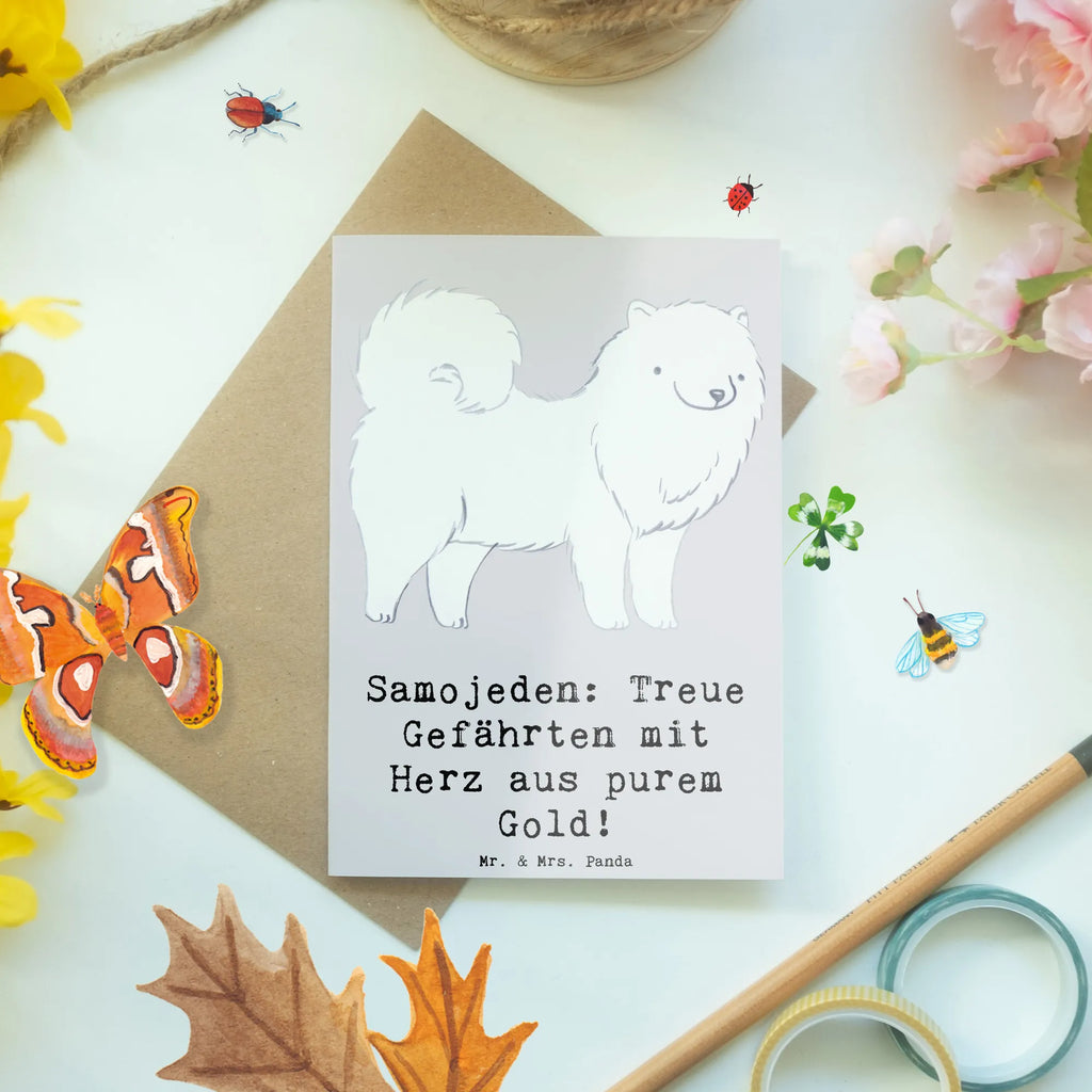 Greetings card Samojeden: Treue Gefährten mit Herz aus purem Gold! Klappkarte, Ansichtskarten, Geburtstagskarte, Hochzeitskarte, Grußkarte, Karte, Glückwunschkarte, Einladungskarte, Hund, Hunderasse, Rassehund, Hundebesitzer, Geschenk, Tierfreund, Schenken, Welpe